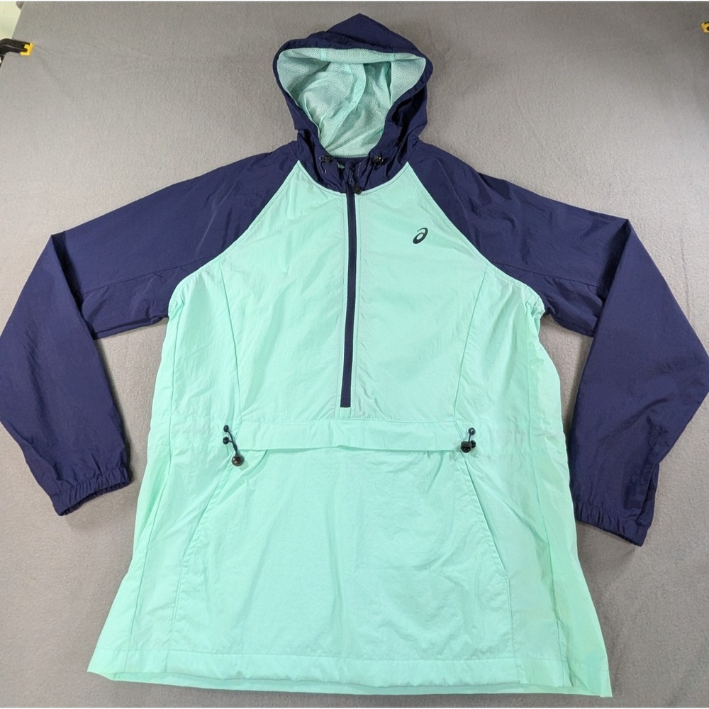 ASICS Mens Half Zip Hooded Windbreaker Anorak Jacket Size M Mint Green Navy Blue